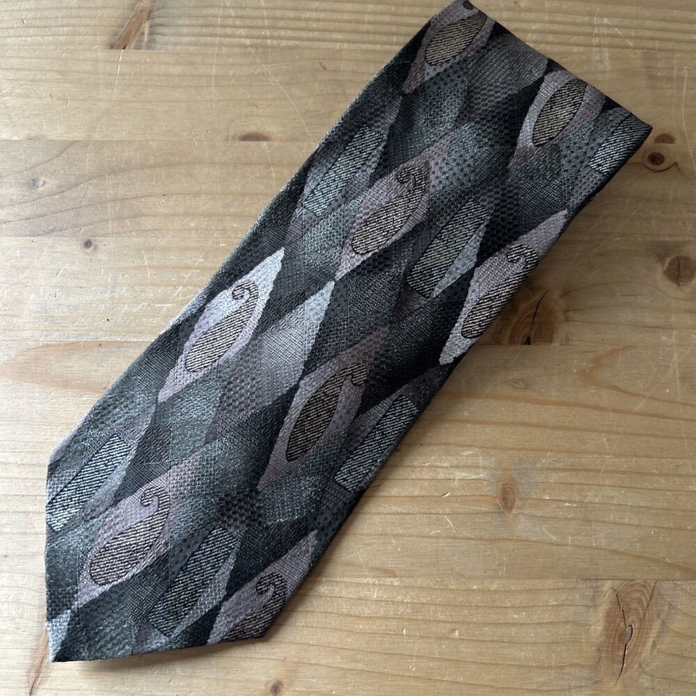 FRATELLI Tie Green/Gold Diamonds w Abstract Paisley Silk Necktie Italy 59x3.75